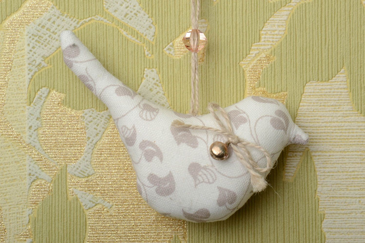 Handmade interior wall hanging soft toy bird sewn of light cotton fabric  photo 1