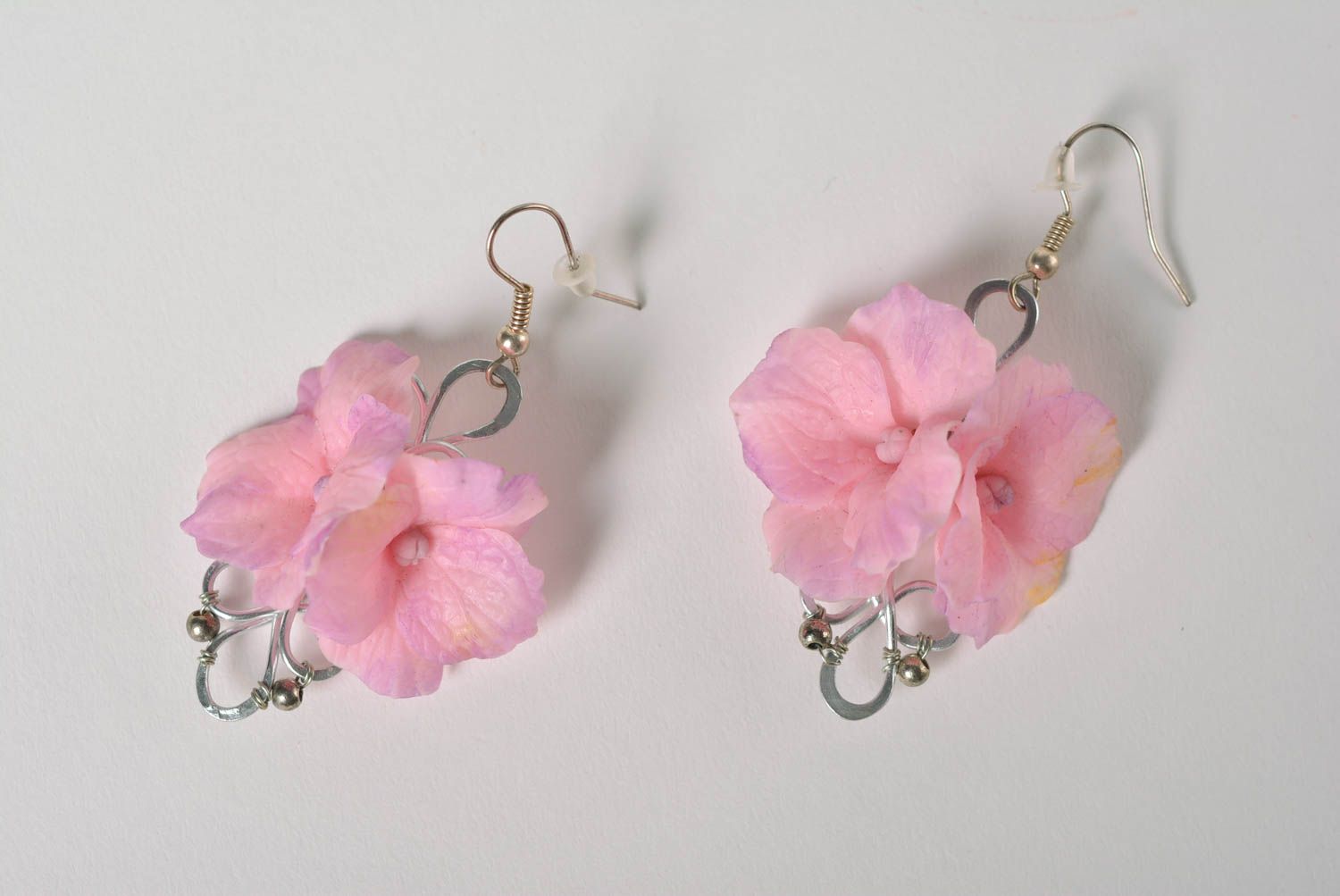 Beautiful handmade designer volume pink plastic flower earrings molded photo 2