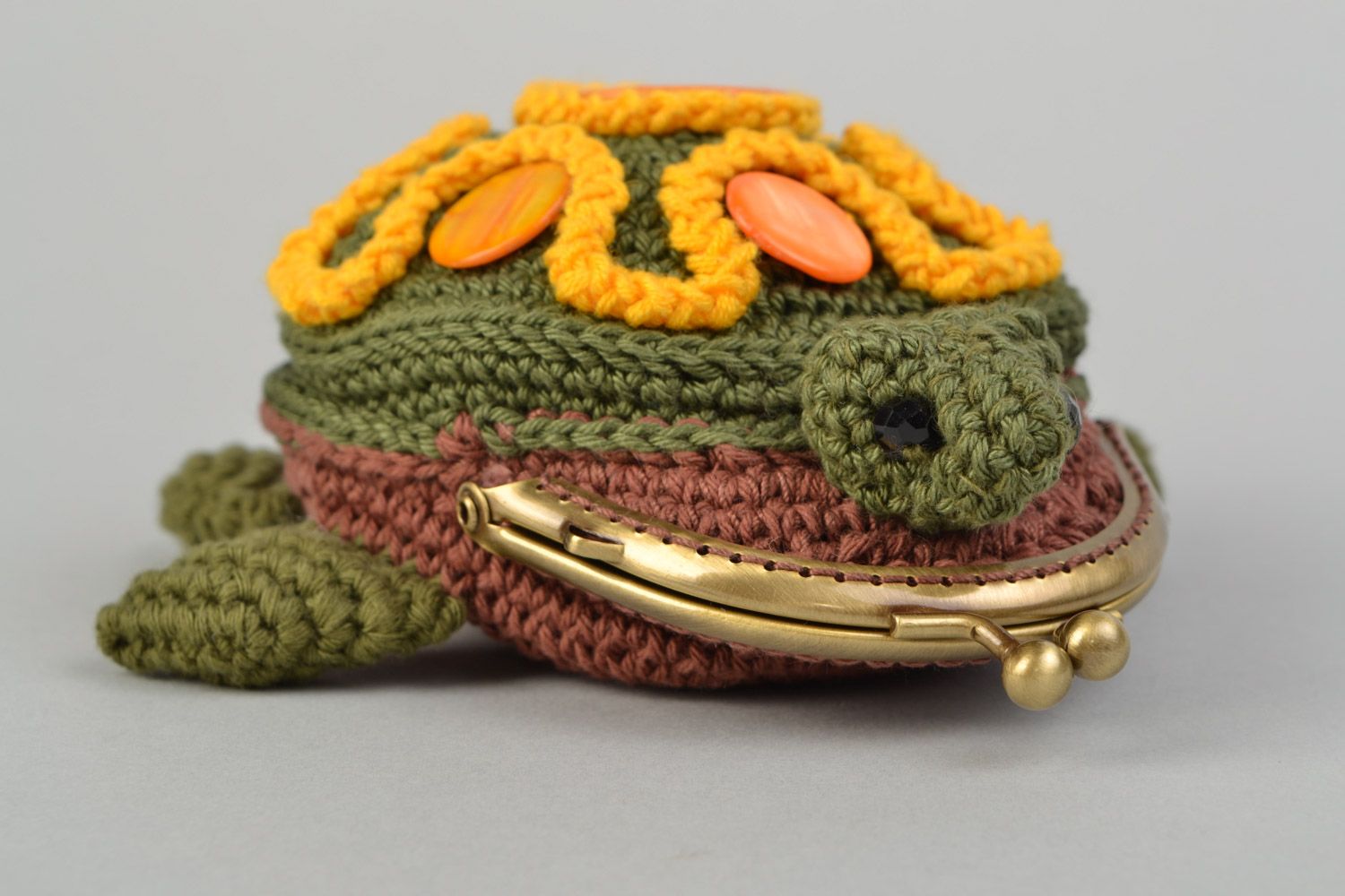 Porte-monnaie tricoté mou au crochet en coton fait main sous forme de tortue photo 1
