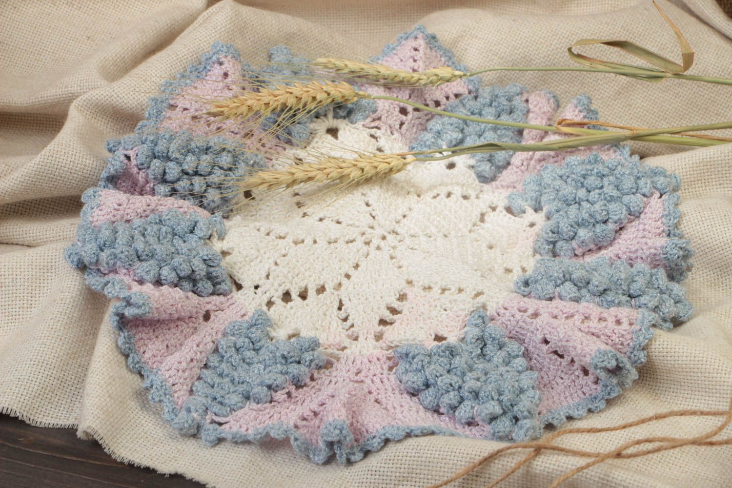 Handmade decorative light festive round lacy napkin crocheted of viscose threads photo 1