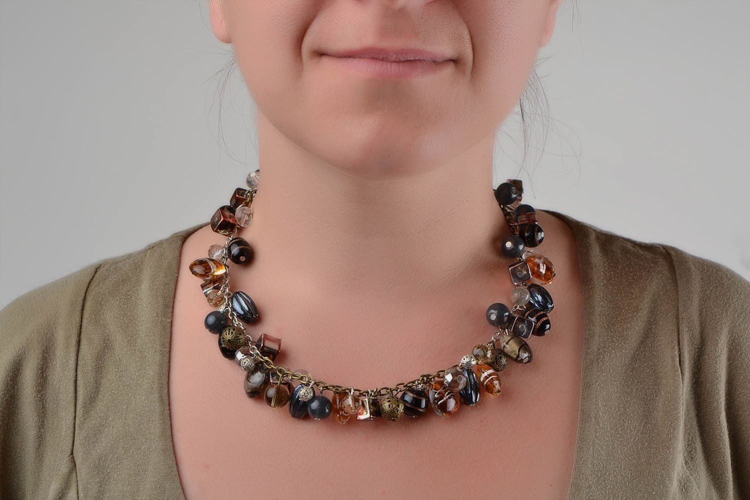 Handmade designer necklace with brown glass beads on metal chain for women photo 2