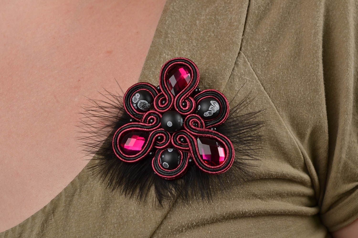 Handmade dark soutache brooch with feathers glass beads and leather basis photo 2