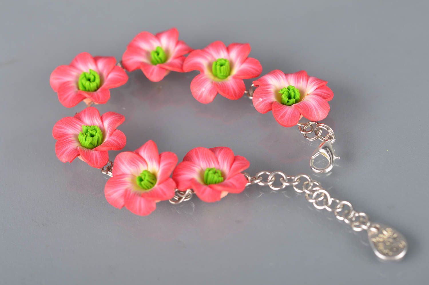 Beautiful bright pink handmade polymer clay flower wrist bracelet for girls photo 1