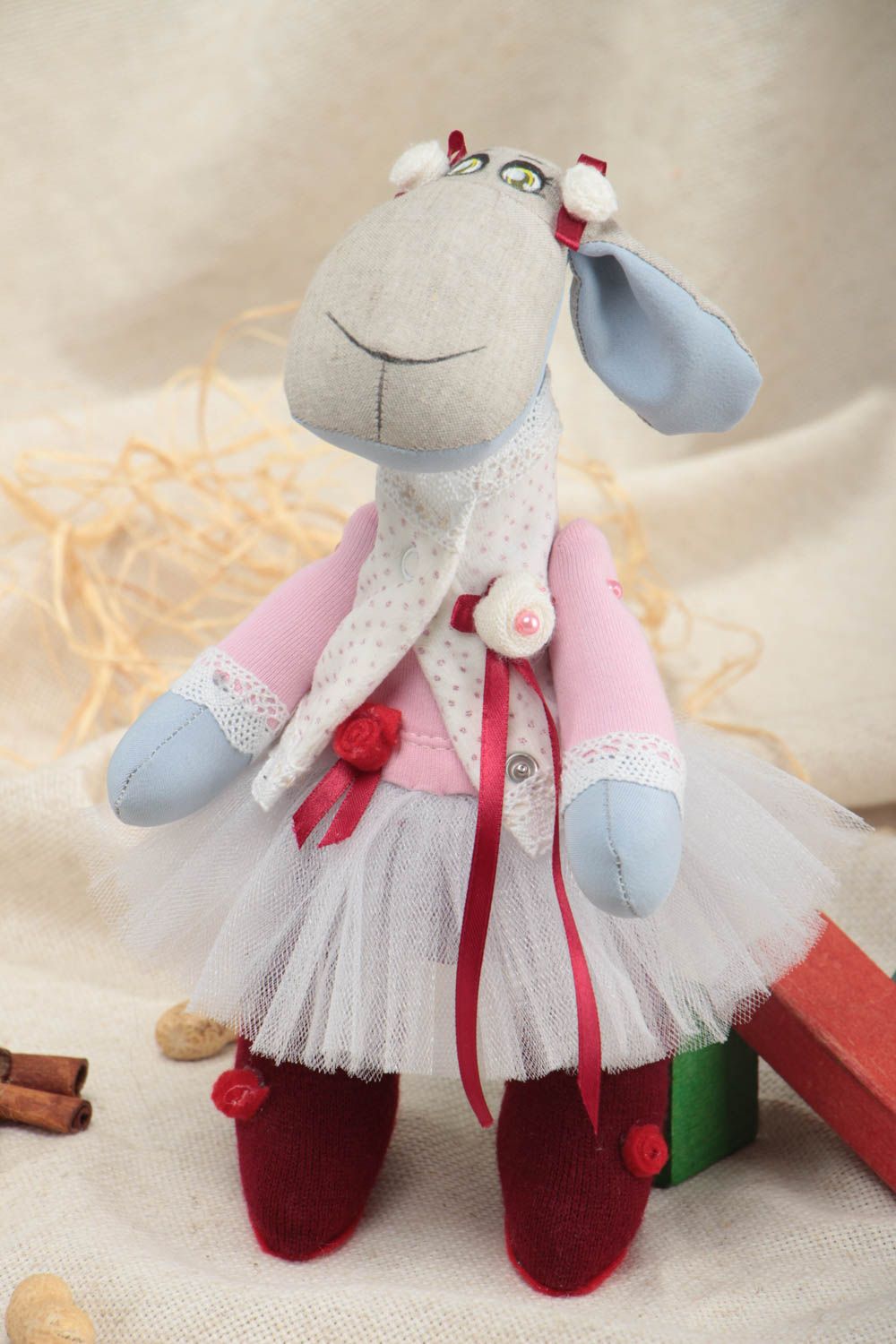 Handmade soft toy sewn of fabrics painted with acrylics cute lamb in tutu skirt photo 1