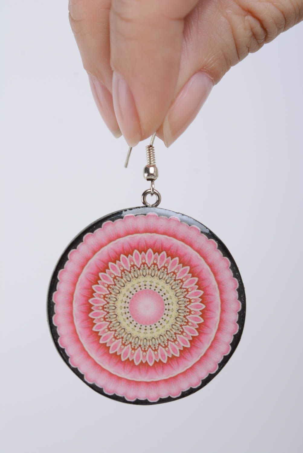 Handmade pink round dangling earrings molded of polymer clay with decoupage  photo 4