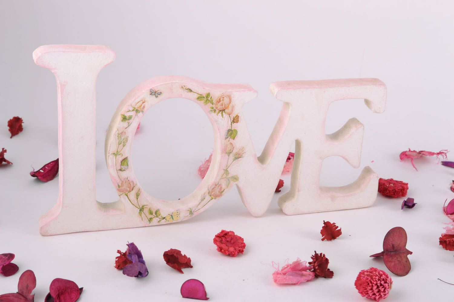 Mot décoratif en bois fait main original peint serviettage rose tendre Love photo 1