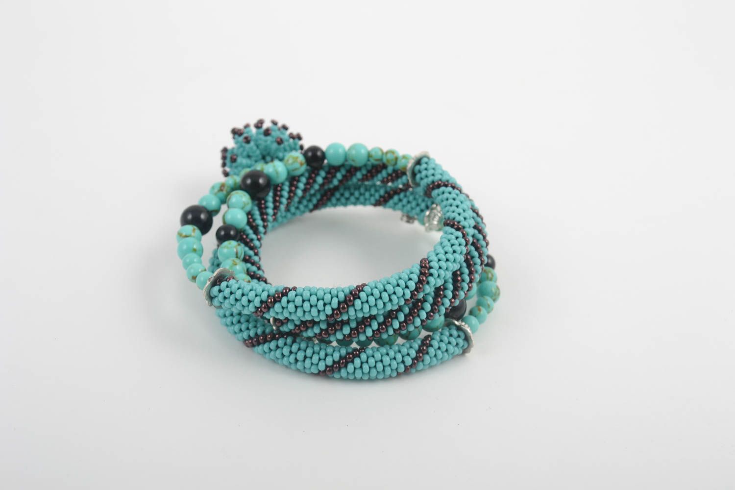 Turquoise and black beaded four-layer cord bracelet for women photo 2
