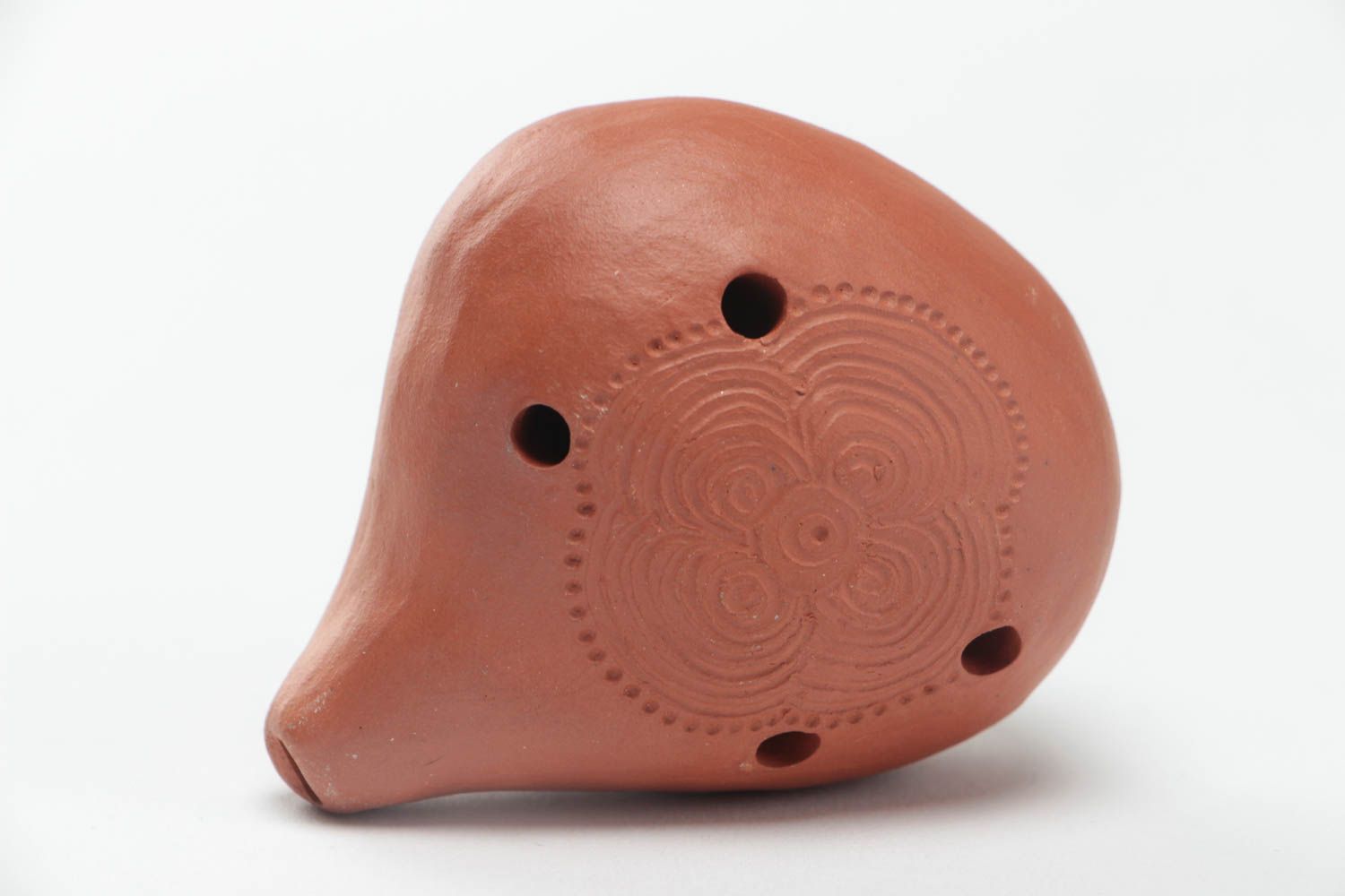 Handmade decorative brown ceramic musical instrument ocarina with ornament photo 4