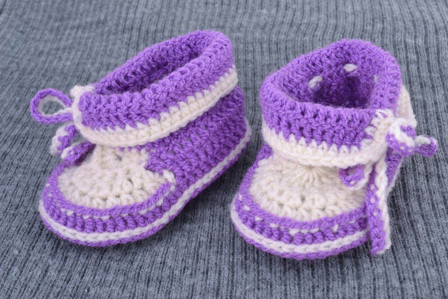 Violet and white handmade baby booties crocheted of wool and cotton for girl photo 1