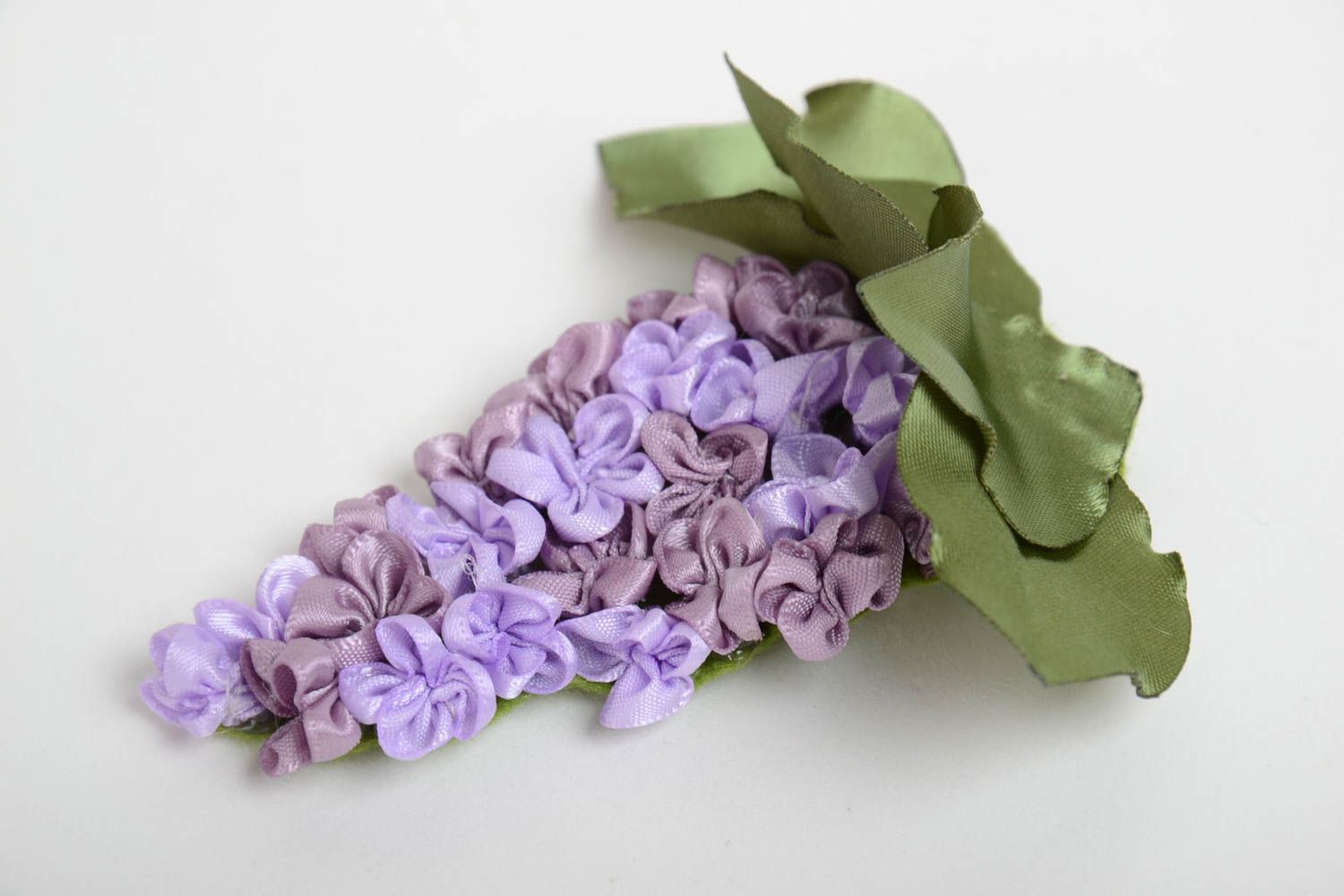 Grande broche fleur de lilas avec feuilles en tissu faite main originale stylée photo 5