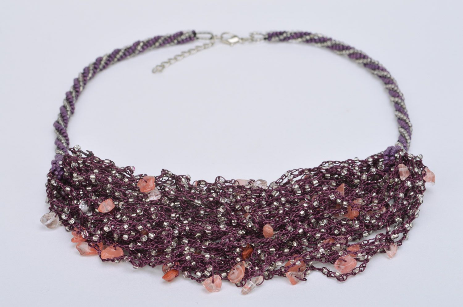 Handmade magnificent designer airy necklace woven of Czech beads in violet color photo 2
