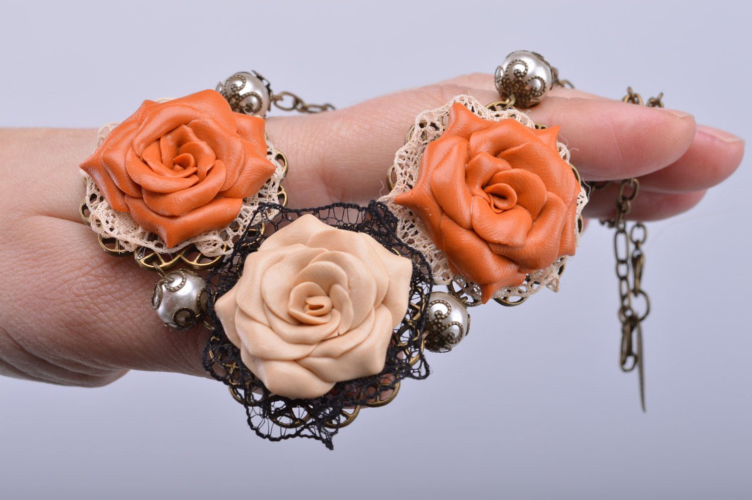 Handmade volume plastic flower necklace with lace Terracotta photo 3