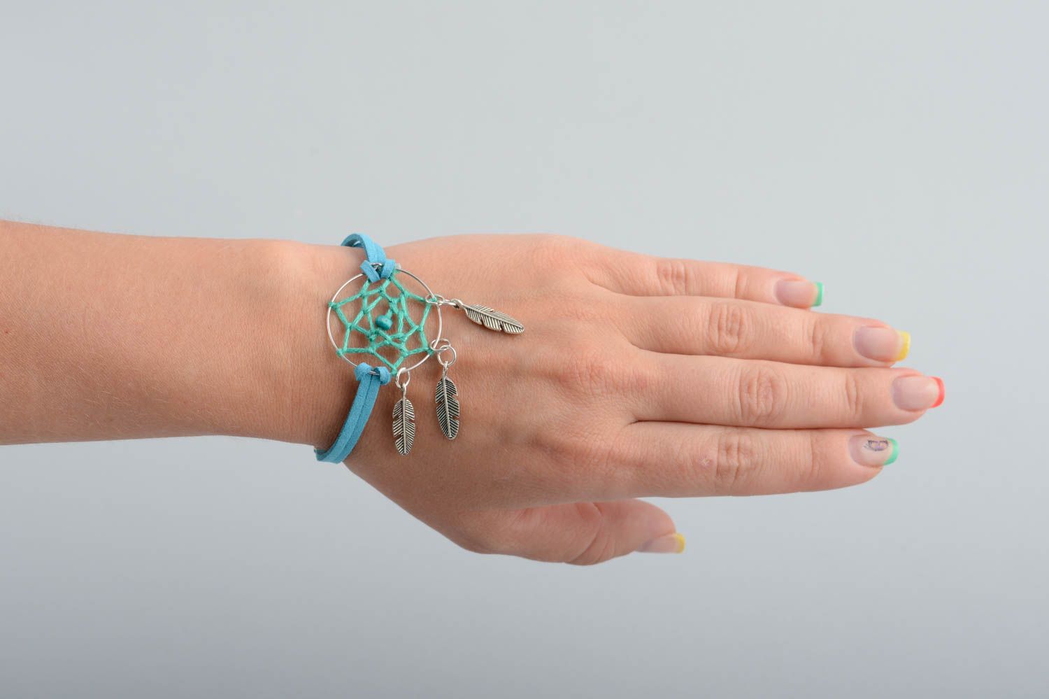Handmade designer faux suede blue cord macrame bracelet with dreamcatcher amulet photo 5