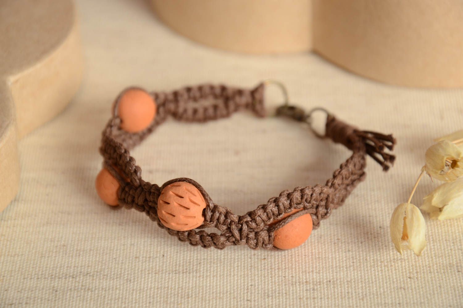 Unusual handmade ceramic bead bracelet woven wrist bracelet designer jewelry photo 2