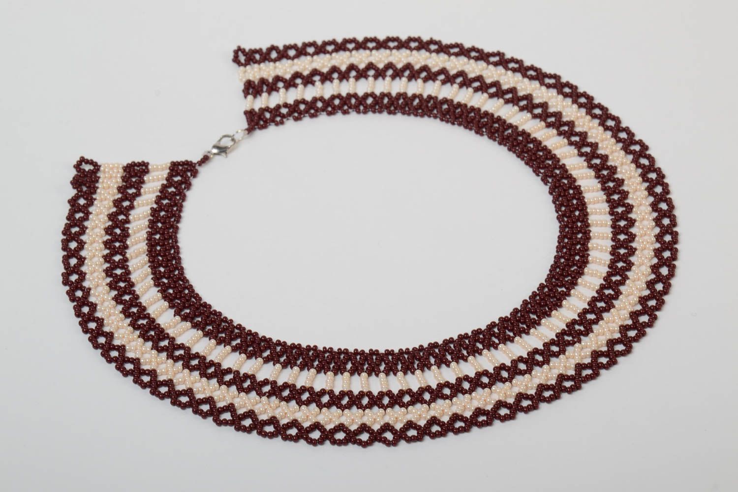 Brown and beige handmade designer wide necklace woven of Czech beads photo 2