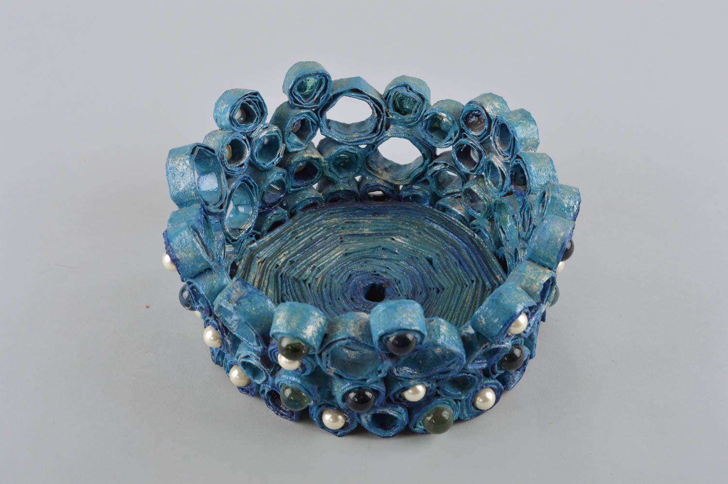 Декоративная ваза ручной работы ваза из бумаги голубая корзинка необычная ваза фото 2