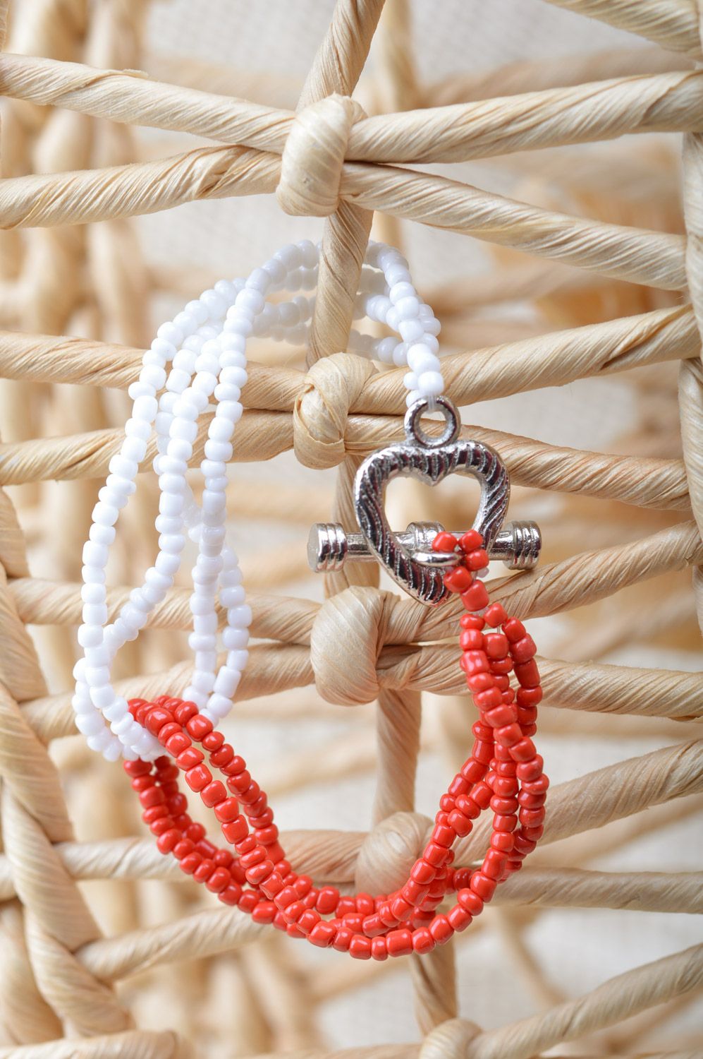 Thin homemade wrist bracelet woven of red and white Czech beads for women photo 5