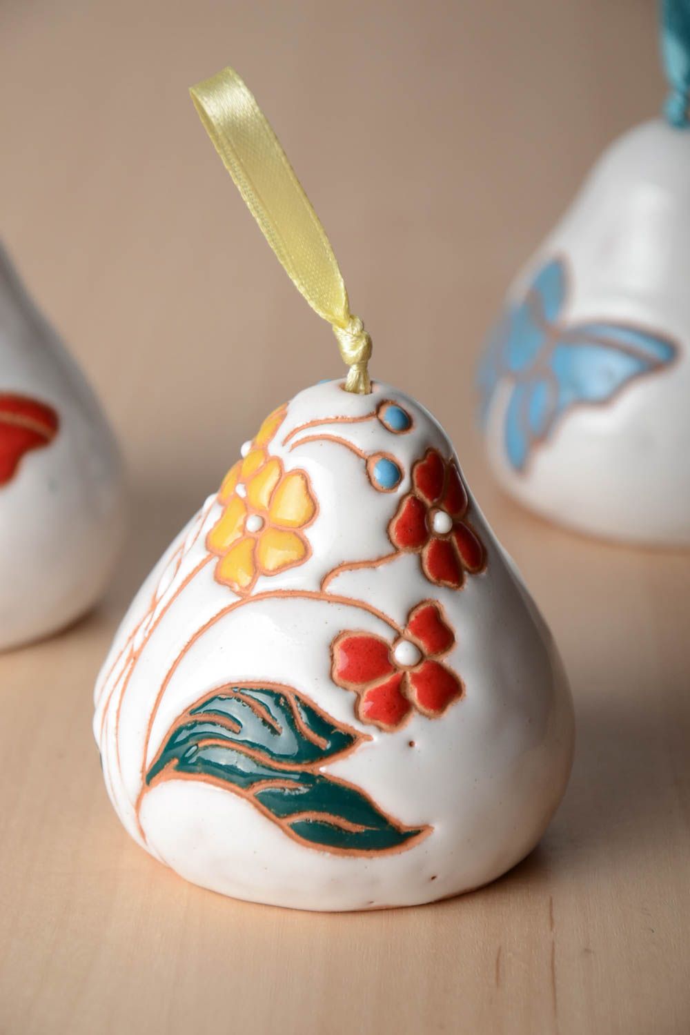 Beautiful handmade designer ceramic bell painted with floral ornament photo 1
