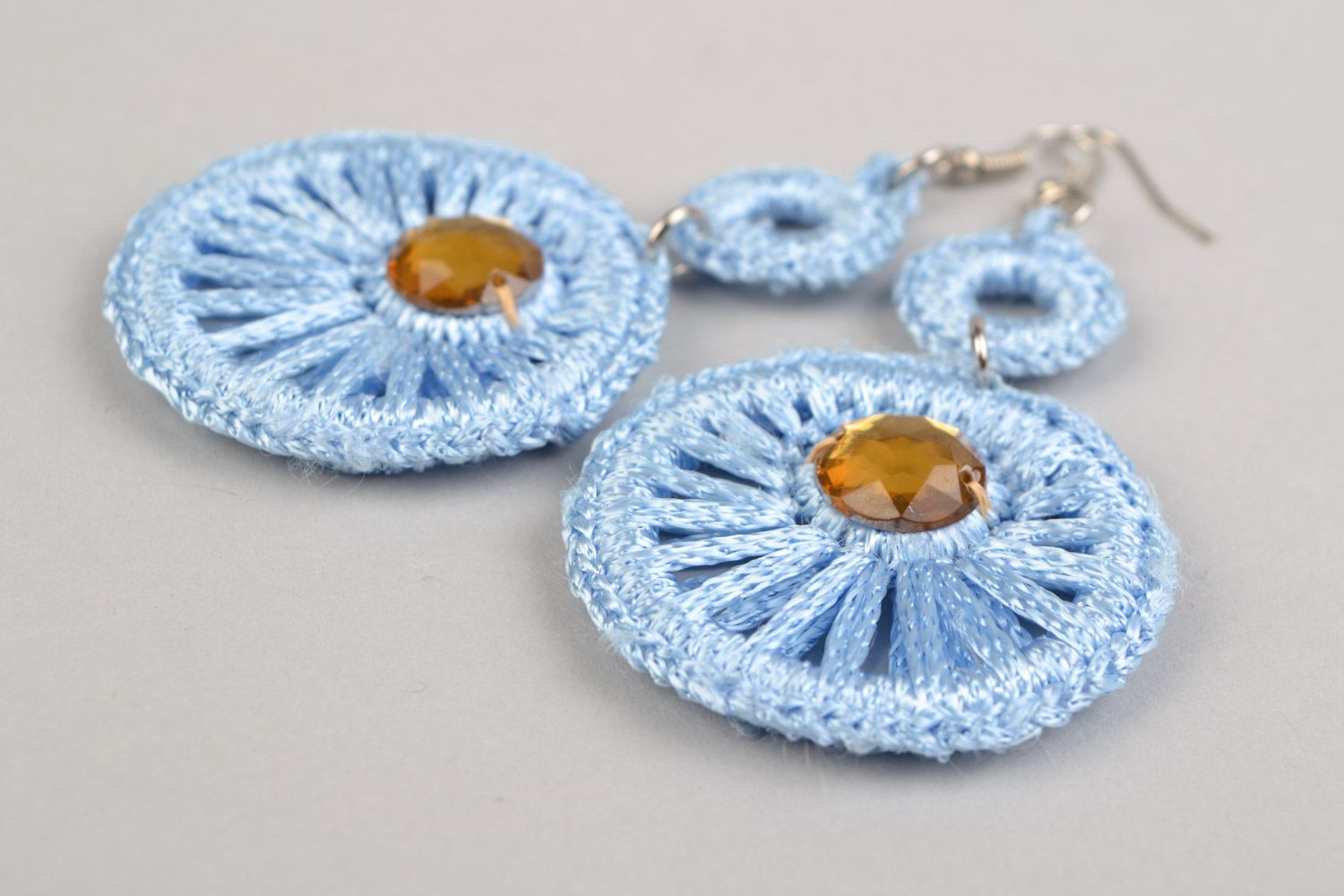 Handmade designer long earrings woven of blue viscose threads with rhinestones photo 4