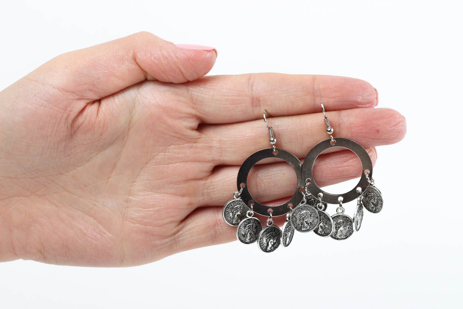 Handmade runde Ohrringe Metall Schmuck ausgefallener Ohrschmuck mit Münzen lang foto 5