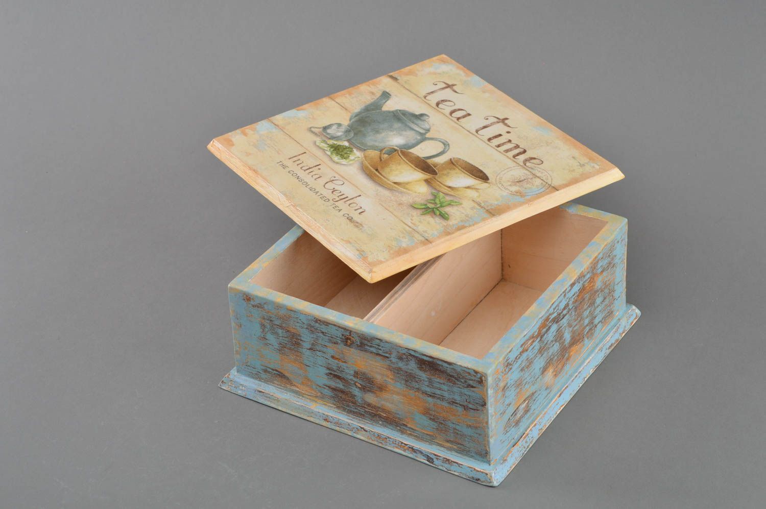 Boîte à sachets de thé compartimentée en bois carrée en serviettage faite main photo 2
