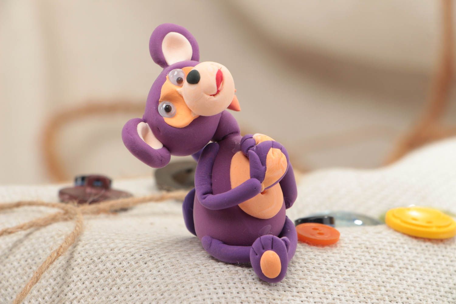 Handmade small bright polymer clay animal figurine of violet monkey collectible photo 1