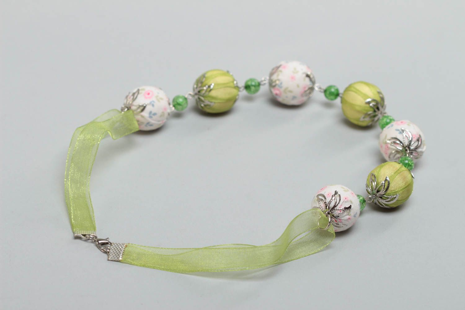 Green handmade children's textile ball necklace with organza ribbon  photo 4