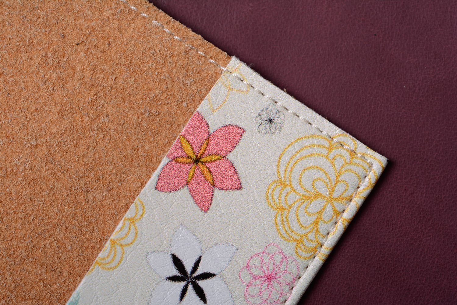 Homemade leather passport cover with flower print photo 5