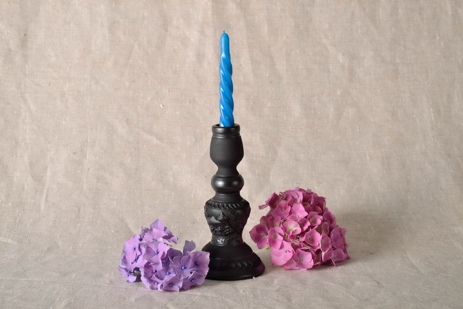 Candlestick, stand for candle made from black smoke ceramics photo 4
