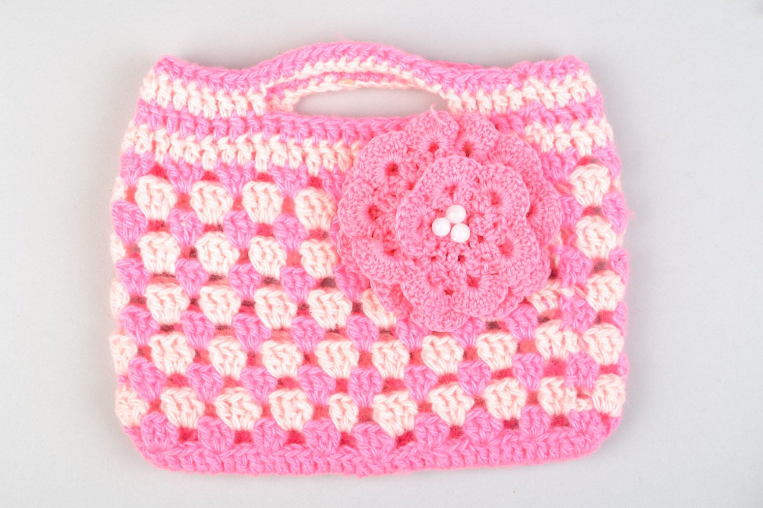 Handmade small pink bag with flower crocheted of cotton threads for little girl photo 3