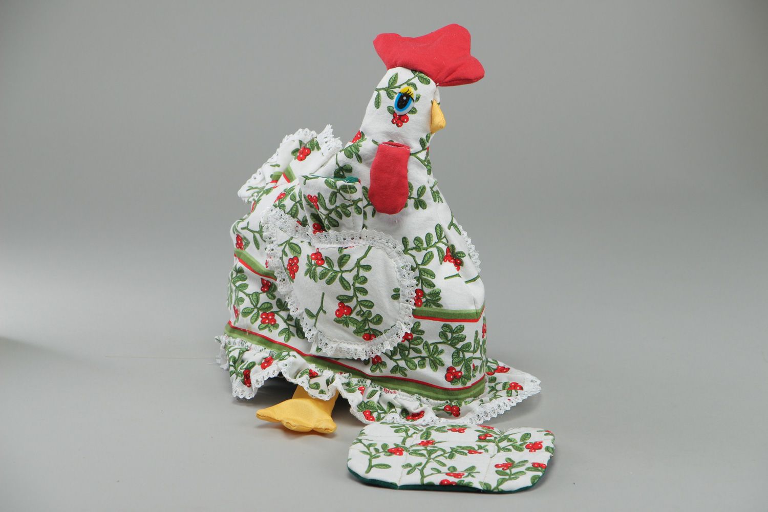 Joli couvre-théière poule en tissu bariolé fait main avec manique décoration photo 1