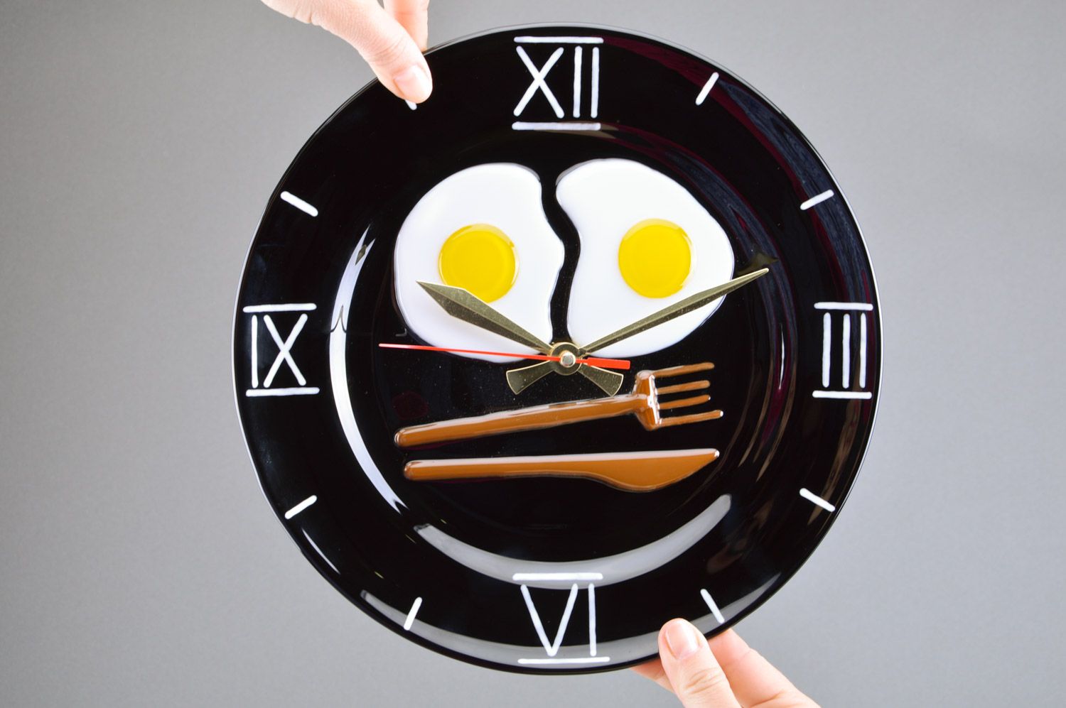 Handmade round black fusing glass wall clock Fried Eggs for kitchen interior photo 3