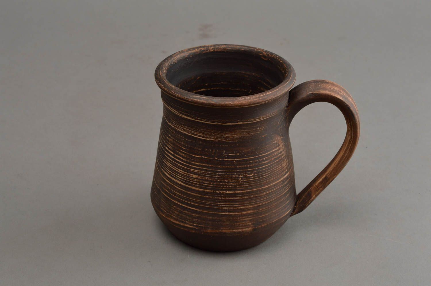 XXL 16 oz brown natural clay lead-free cup in rustic style with handle photo 3
