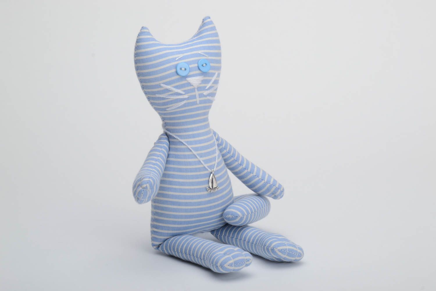 Handmade designer blue striped cotton fabric soft toy cat with long tail photo 2
