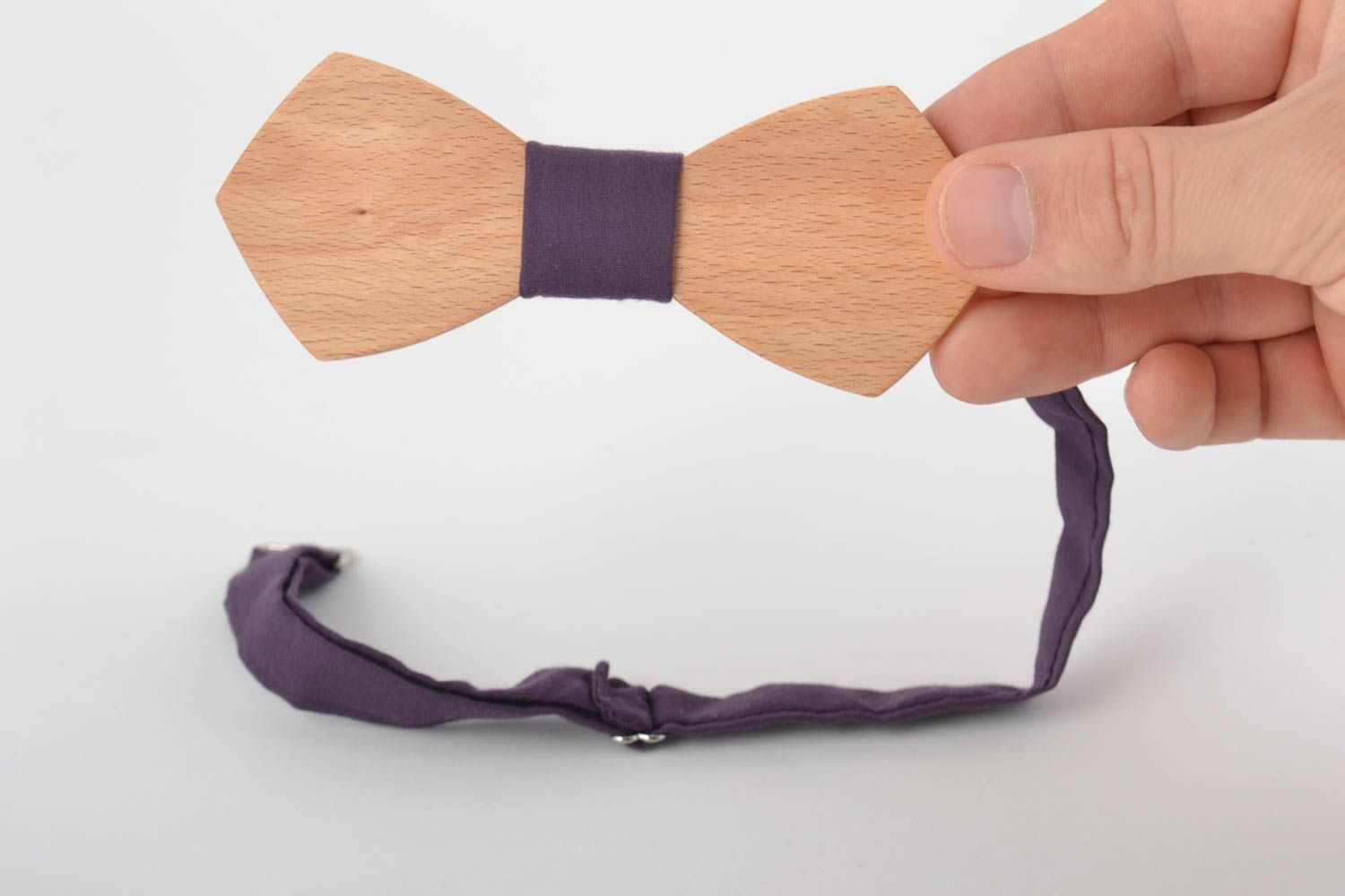 Handmade wooden designer bow tie with violet fabric strap photo 4