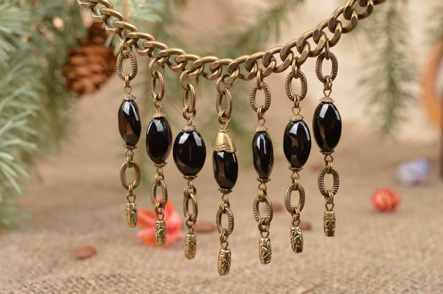 Set of handmade metal jewelry with black beads necklace and dangle earrings photo 1