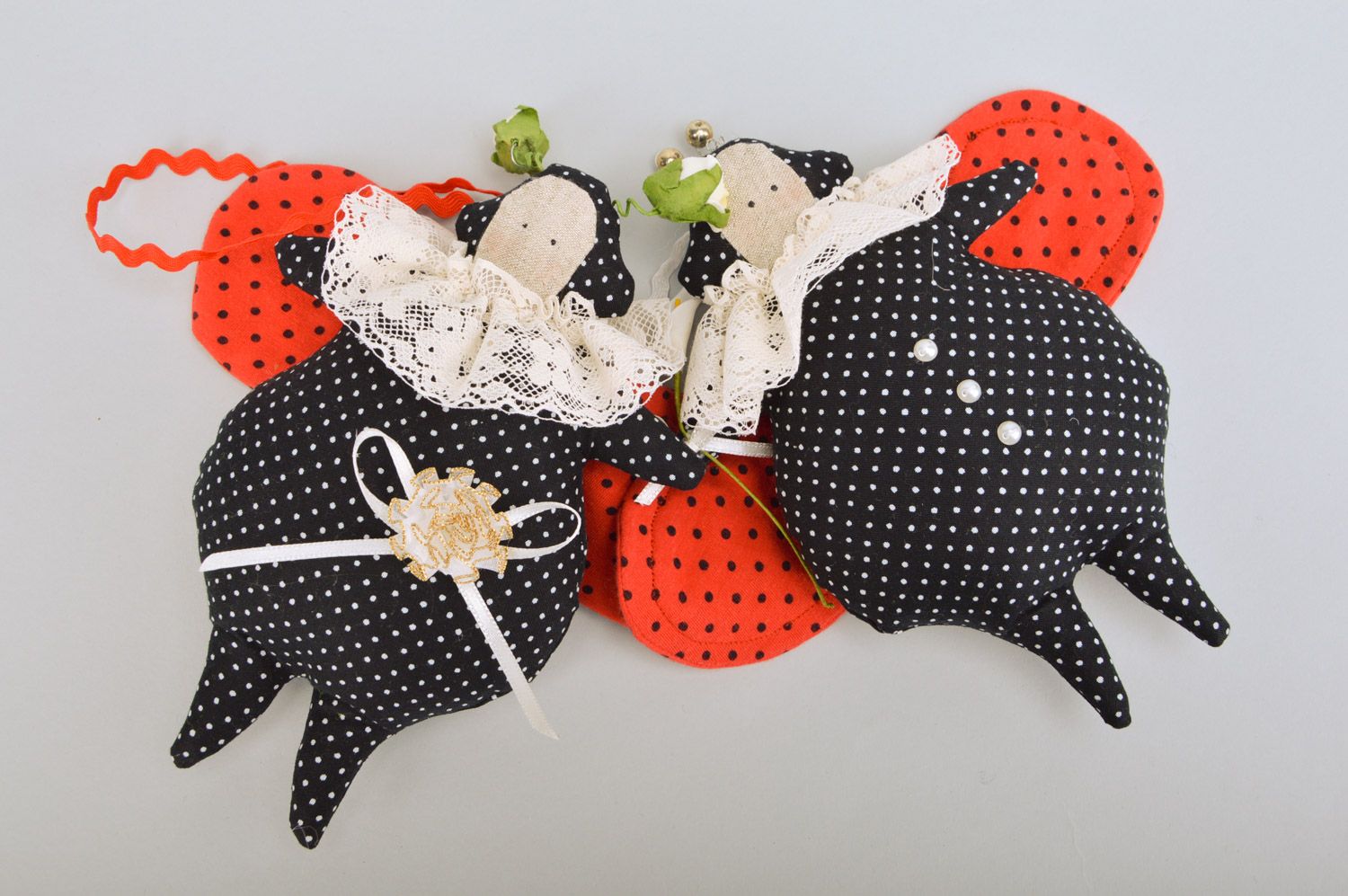 Set handmade soft toys sewn of cotton 2 items Ladybugs for interior and kids photo 2