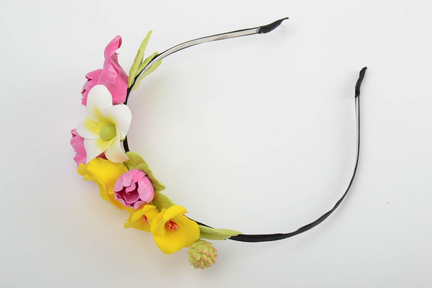 Handmade tender decorative thin headband with colorful polymer clay flowers photo 3