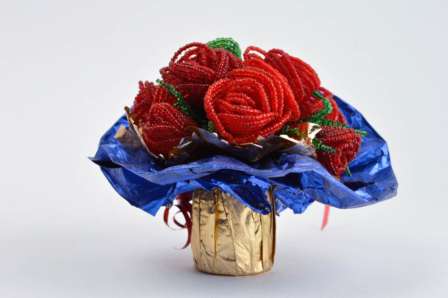 Handmade Deko Rocailles Perlen Dekoration künstlicher Blumenstrauß rote Rosen foto 2