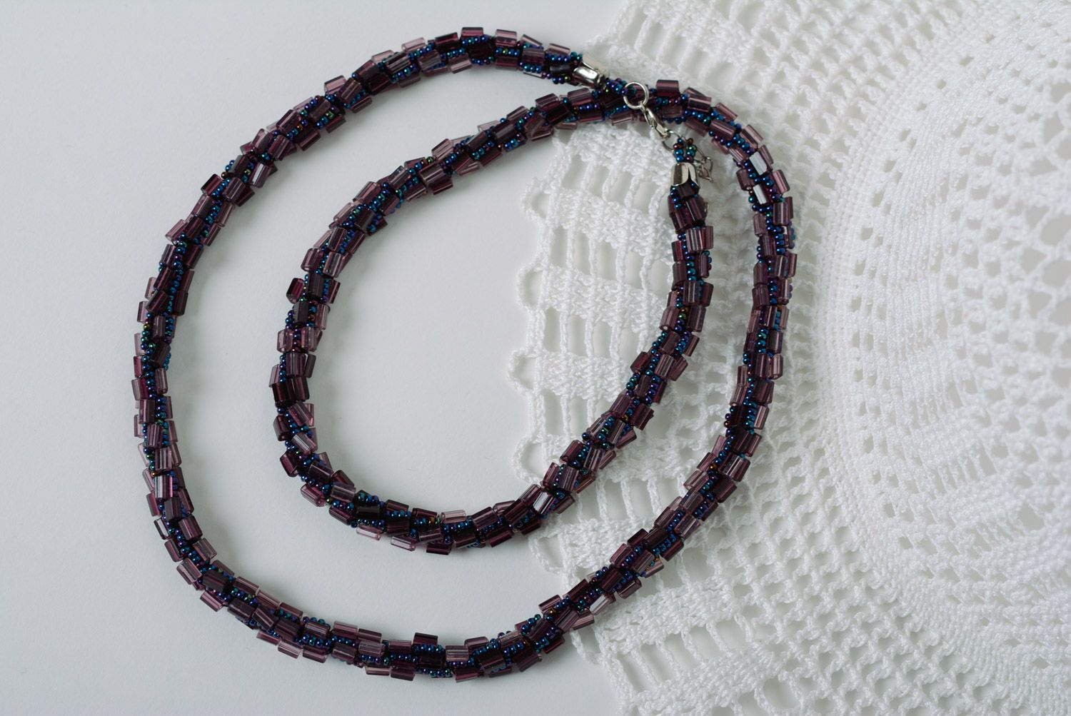 Beautiful dark violet designer handmade necklace woven of beads for women photo 1