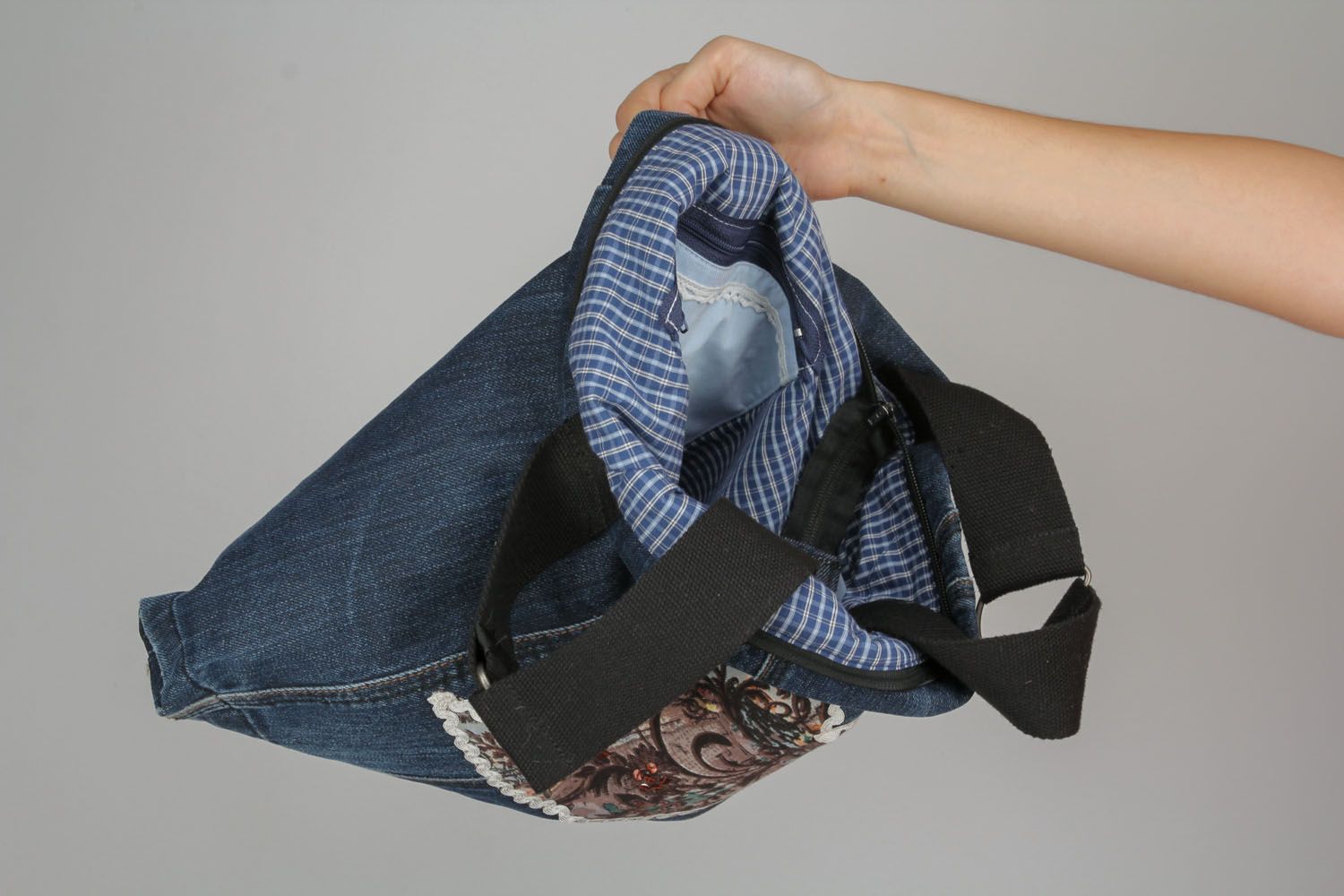 Borsa grande di jeans fatta a mano borsetta bella accessorio da ragazza foto 5