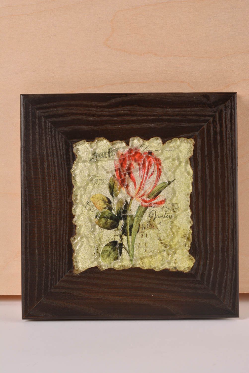 Tableau fleur de rose fait main Décoration murale verre bois Déco chambre photo 1