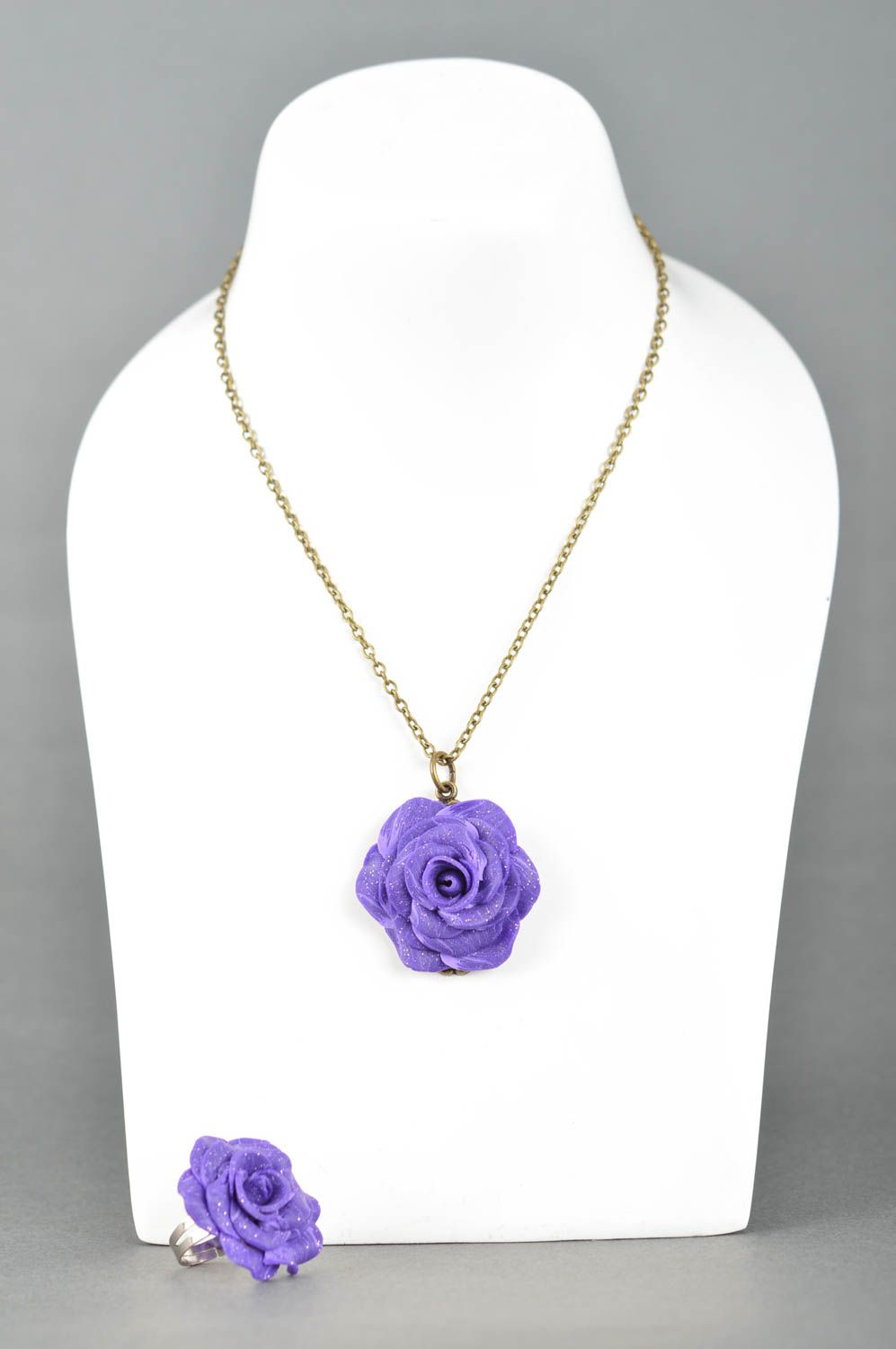Beautiful homemade designer polymer clay flower ring and pendant jewelry set photo 1