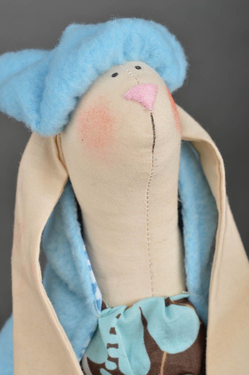 Beautiful handmade children's fabric soft toy hare in blue attire photo 4