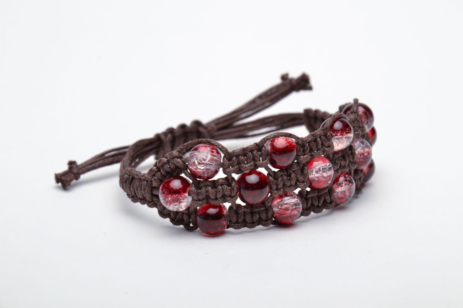 Friendship bracelet woven of waxed cord with glass beads photo 3