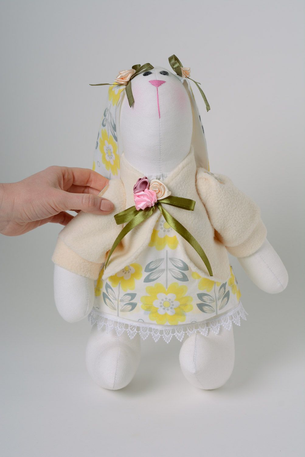 Handmade designer fabric soft toy long-eared hare in dress photo 5