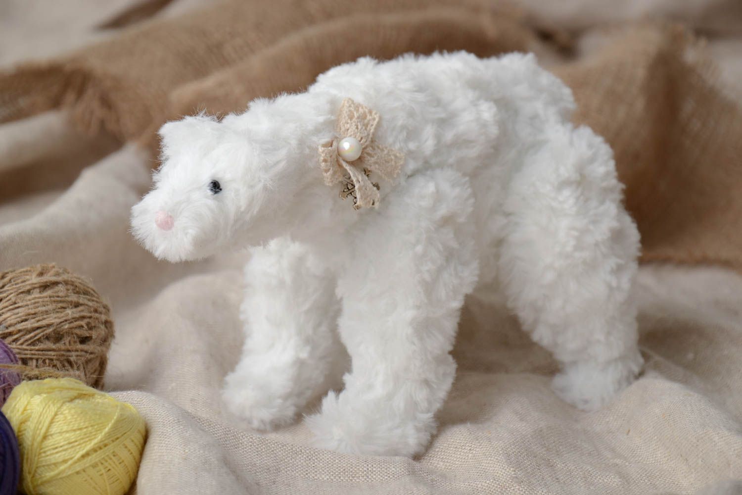 Handmade soft artificial fur toy small white bear interior decorative element photo 1