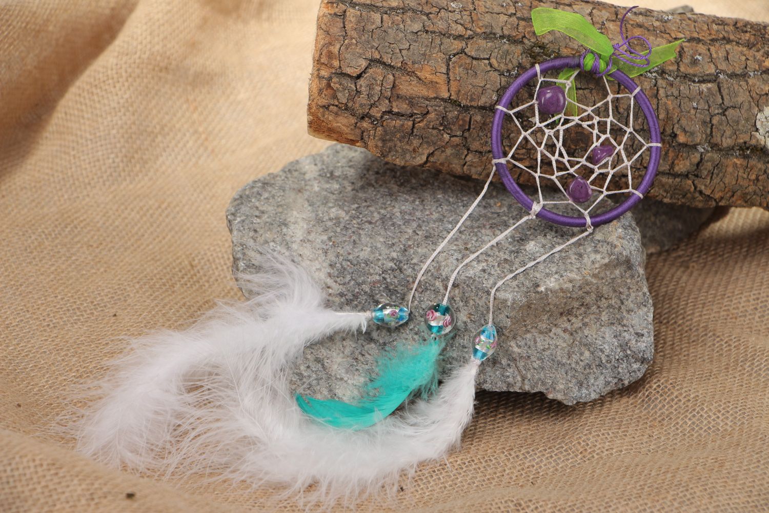 Small bright handmade dreamcatcher wall hanging with feathers Winter Rose photo 1