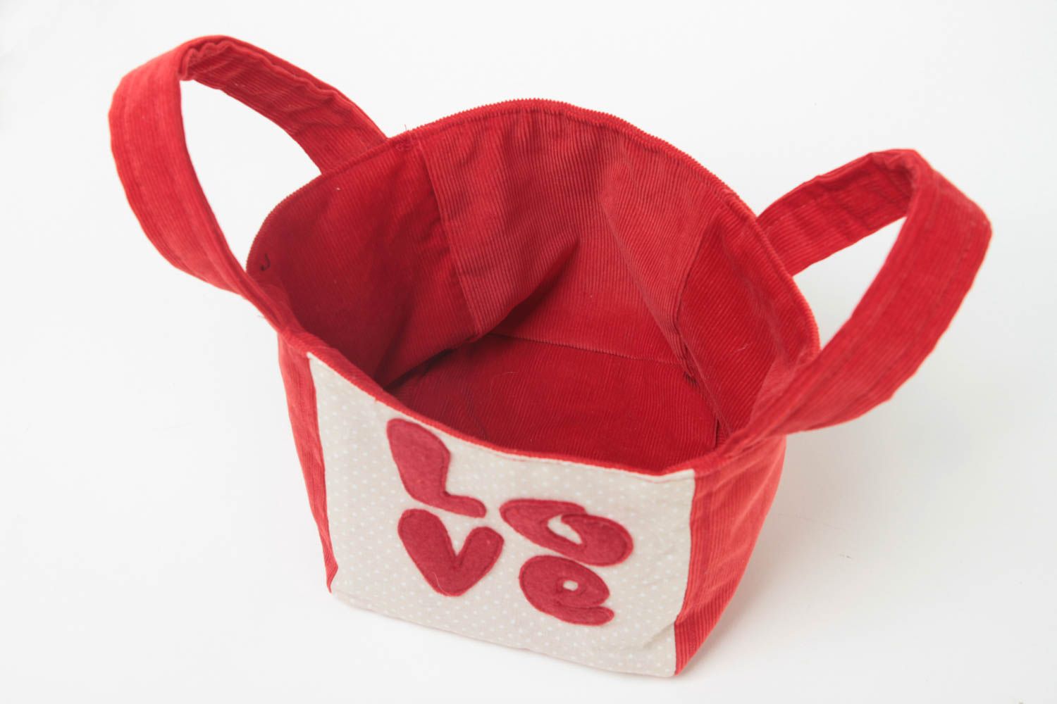 Мягкая корзина для игрушек красная с надписью Love из хлопка ручной работы фото 3