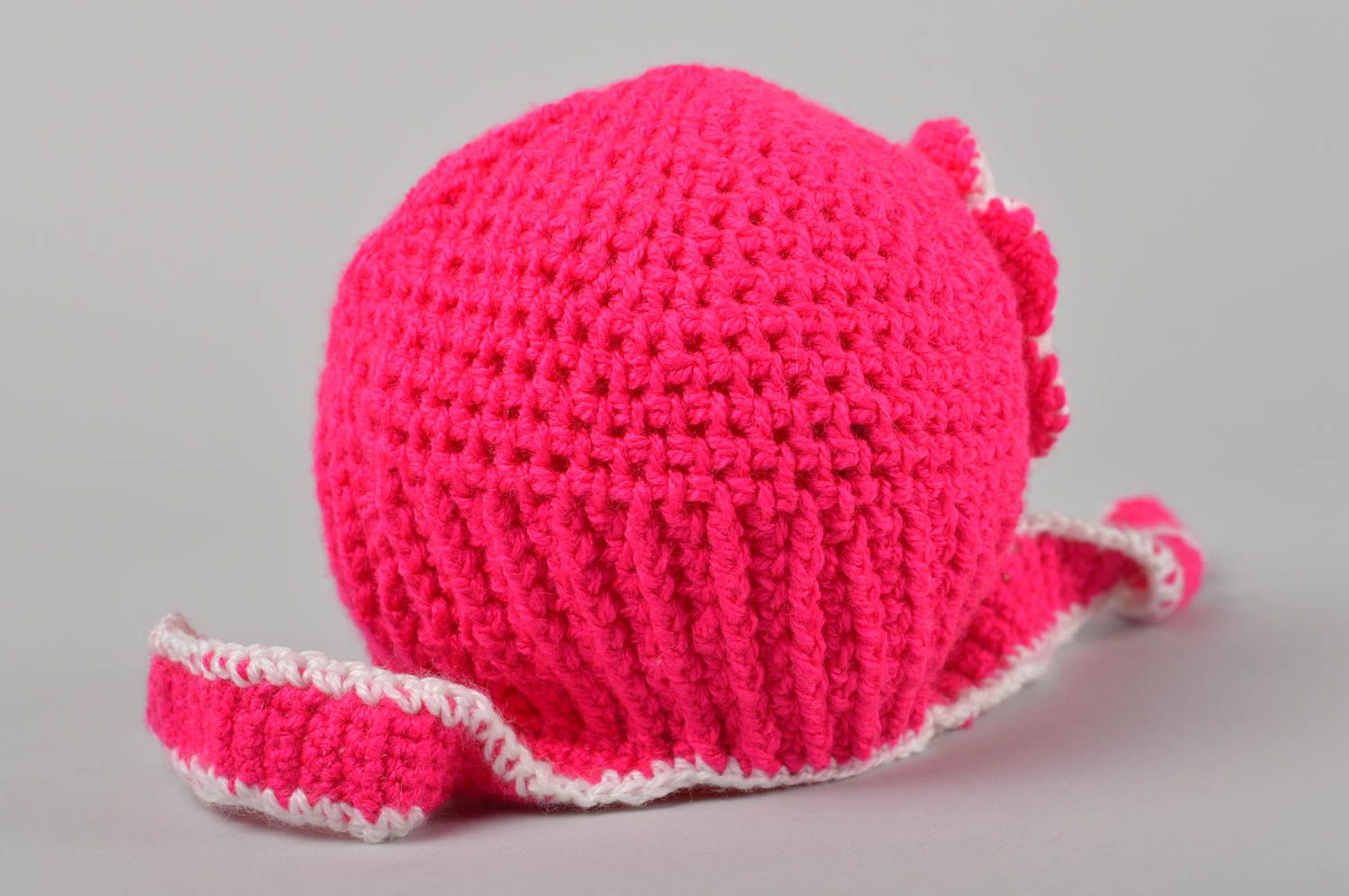 Вязаная шапка для детей ручной работы весенняя шапка розовая шапка ушанка фото 5
